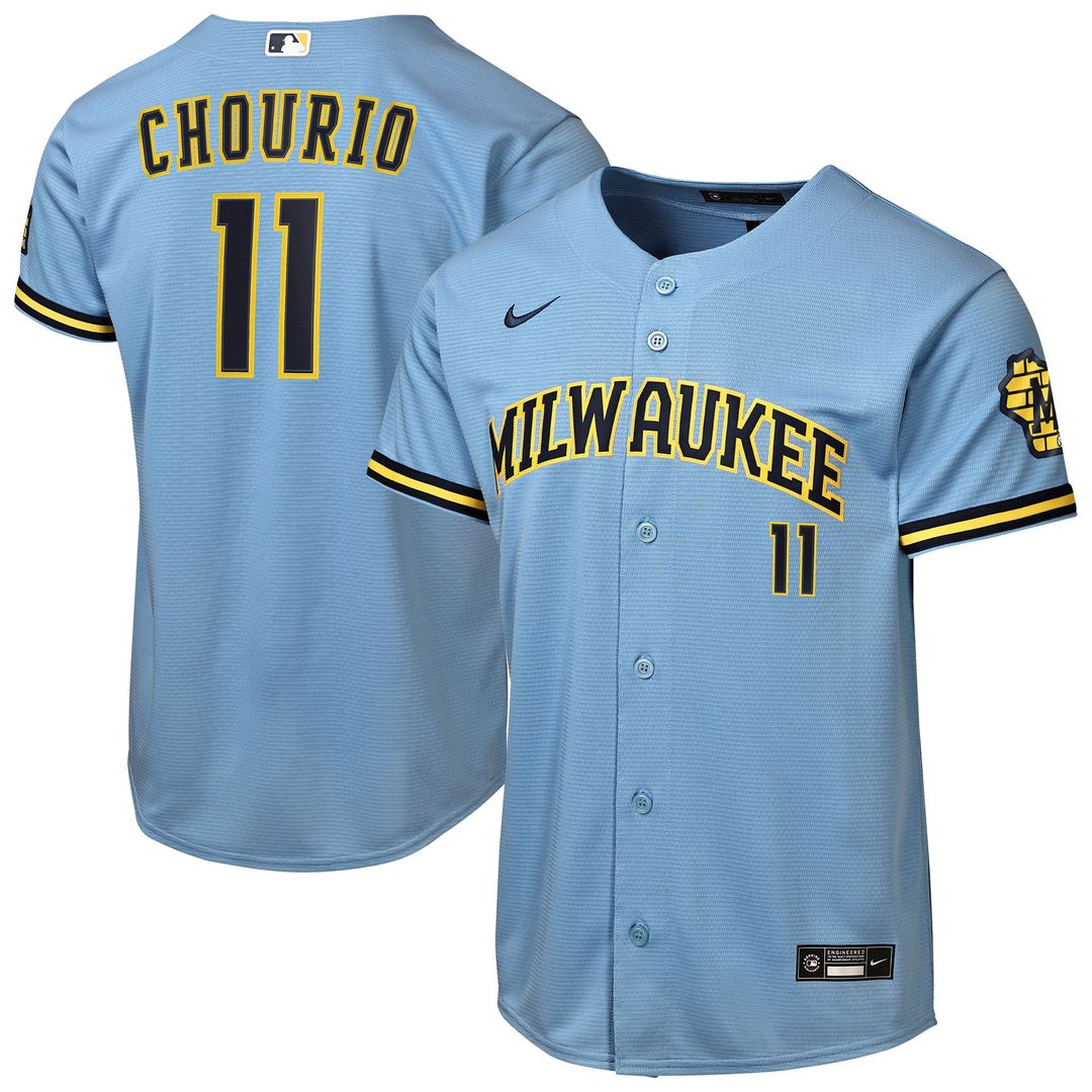 Milwaukee Brewers Jackson Chourio Youth Road Stadium Jersey - Powder Blue
