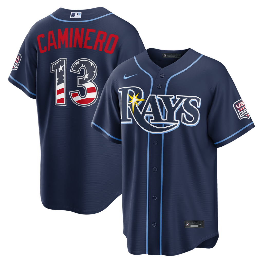 Tampa Bay Rays Junior Caminero USA 250 Fourth of July Road Stadium Jersey - Navy