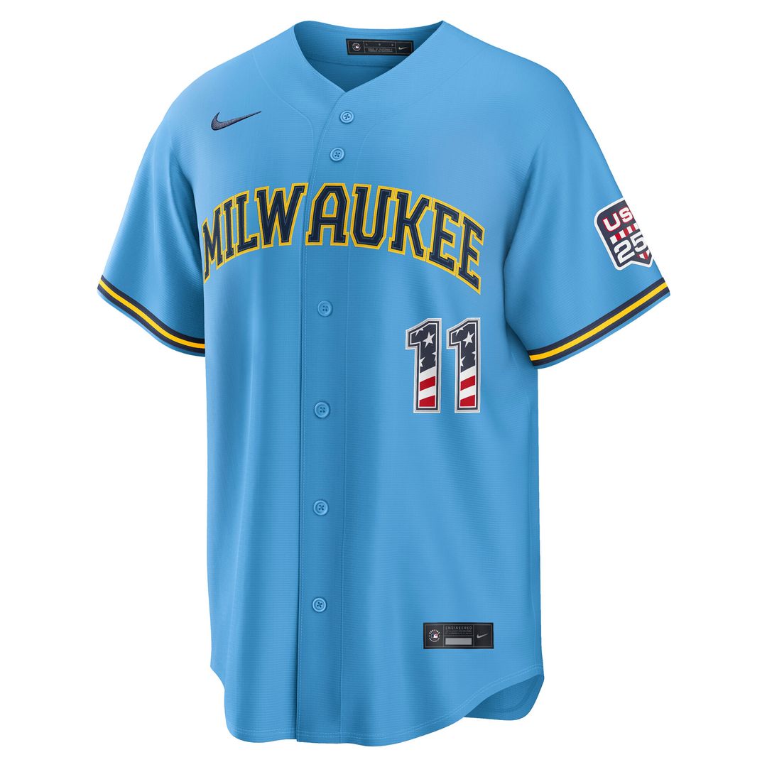 Milwaukee Brewers Jackson Chourio USA 250 Fourth of July Road Stadium Jersey - Light Blue