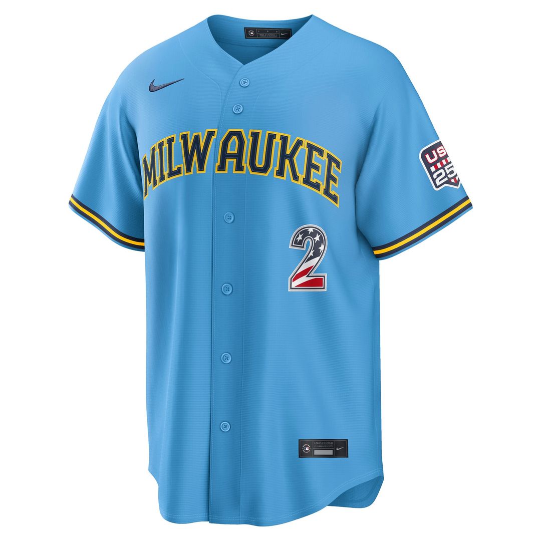 Milwaukee Brewers Brice Turang USA 250 Fourth of July Road Stadium Jersey - Light Blue