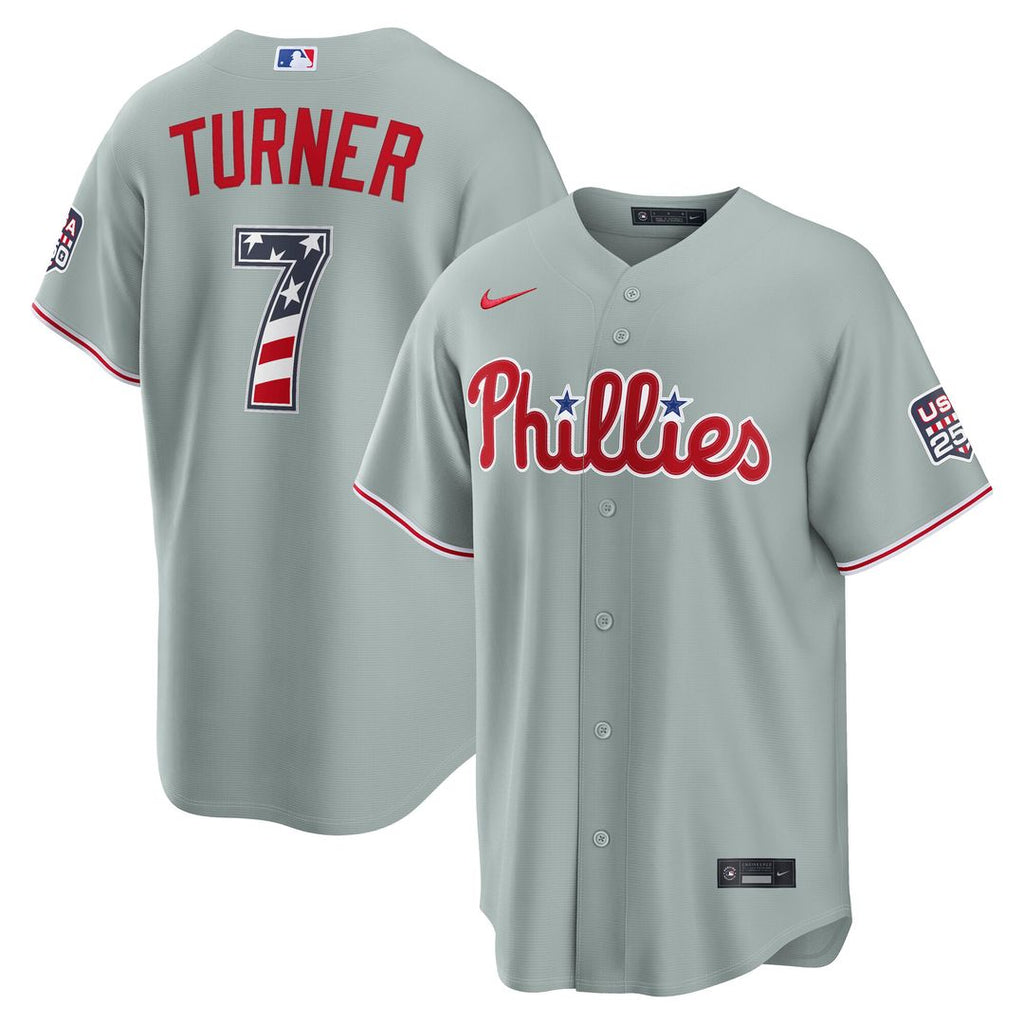Philadelphia Phillies Trea Turner USA 250 Fourth of July Road Stadium Jersey - Gray