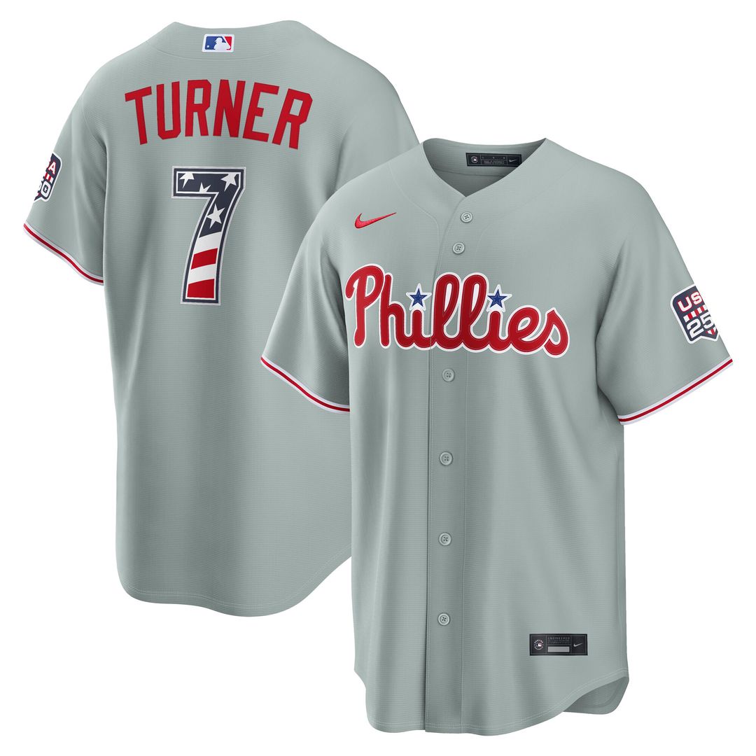 Philadelphia Phillies Trea Turner USA 250 Fourth of July Road Stadium Jersey - Gray