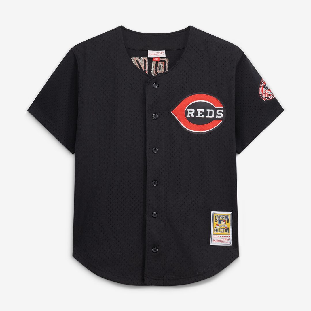 Cincinnati Reds Barry Larkin Mitchell & Ness Cooperstown Mesh Batting Practice Button-Up Jersey - Black