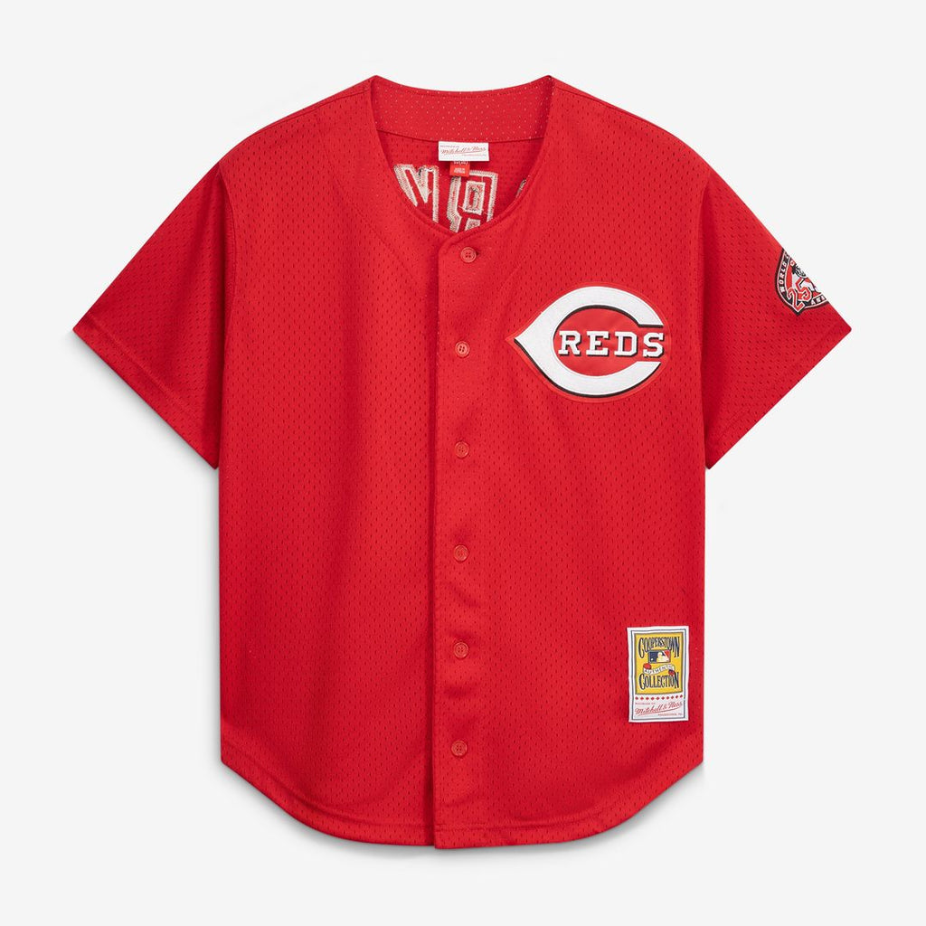 Cincinnati Reds Barry Larkin Mitchell & Ness Cooperstown Mesh Batting Practice Button-Up Jersey - Black