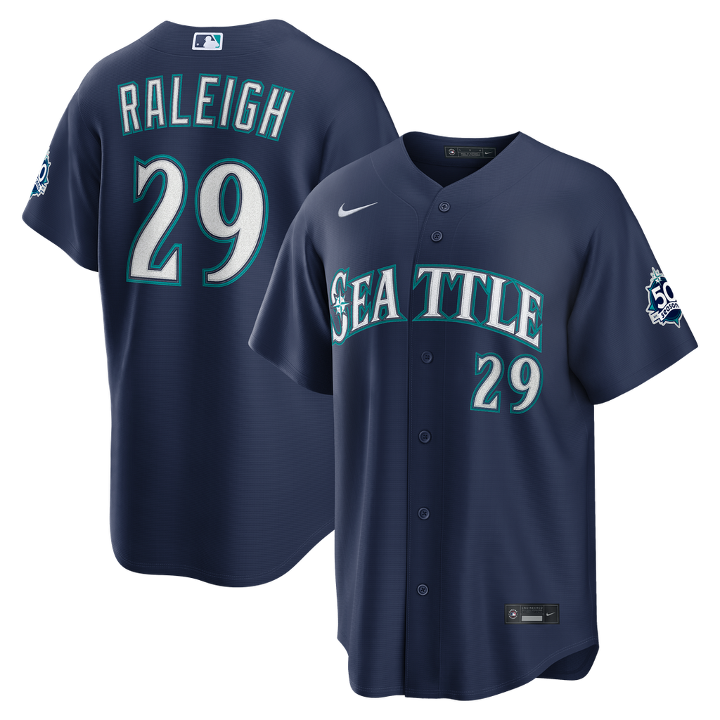 Seattle Mariners Cal Raleigh Road Stadium 50th Season Patch Jersey - Navy