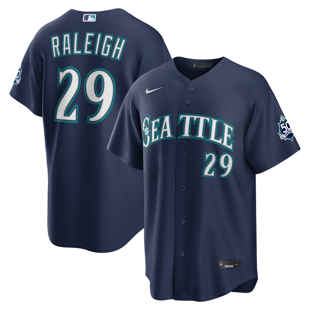 Seattle Mariners Cal Raleigh Road Stadium 50th Season Patch Jersey - Navy