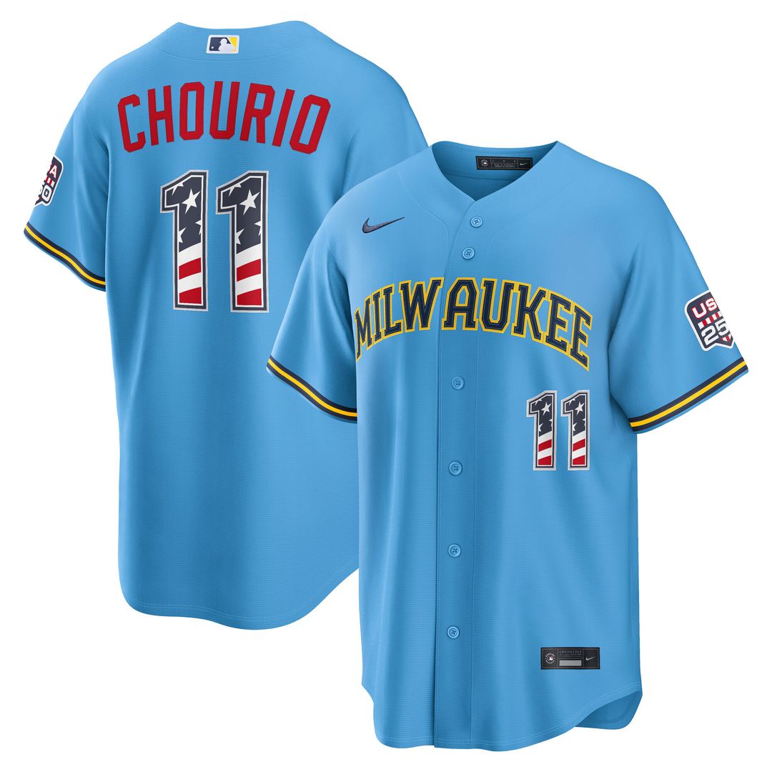 Milwaukee Brewers Jackson Chourio USA 250 Fourth of July Road Stadium Jersey - Light Blue