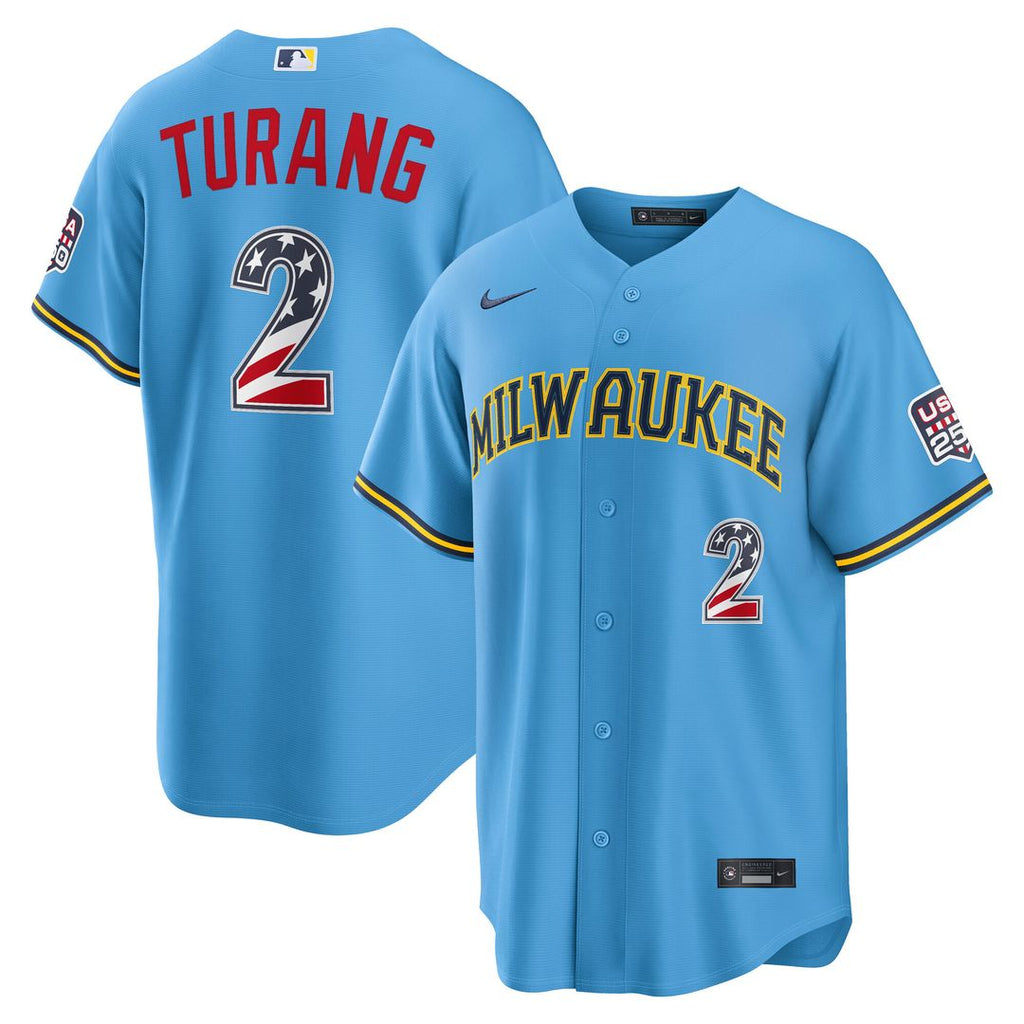 Milwaukee Brewers Brice Turang USA 250 Fourth of July Road Stadium Jersey - Light Blue